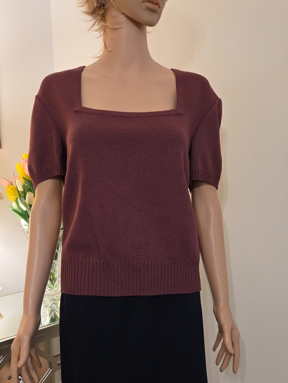 St John Sport Square Neck Short Sleeve Sweater in Plum